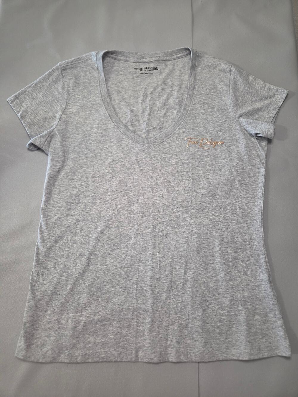 True Religion Womens XL Gray V Neck T Shirt Gold Buddha Logo Short Sleeve
110